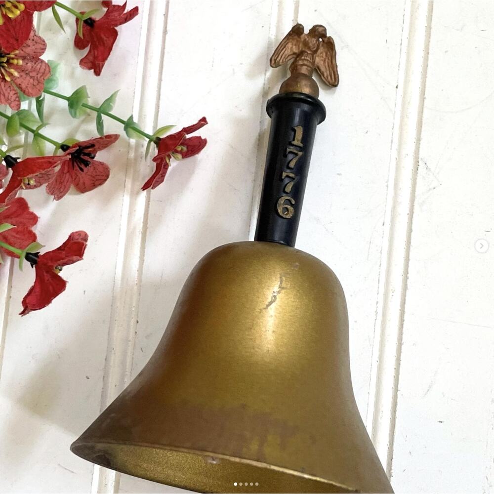 Vintage Metal 1776 School Bell Eagle Finial Brass Tone Clacker Patriotic